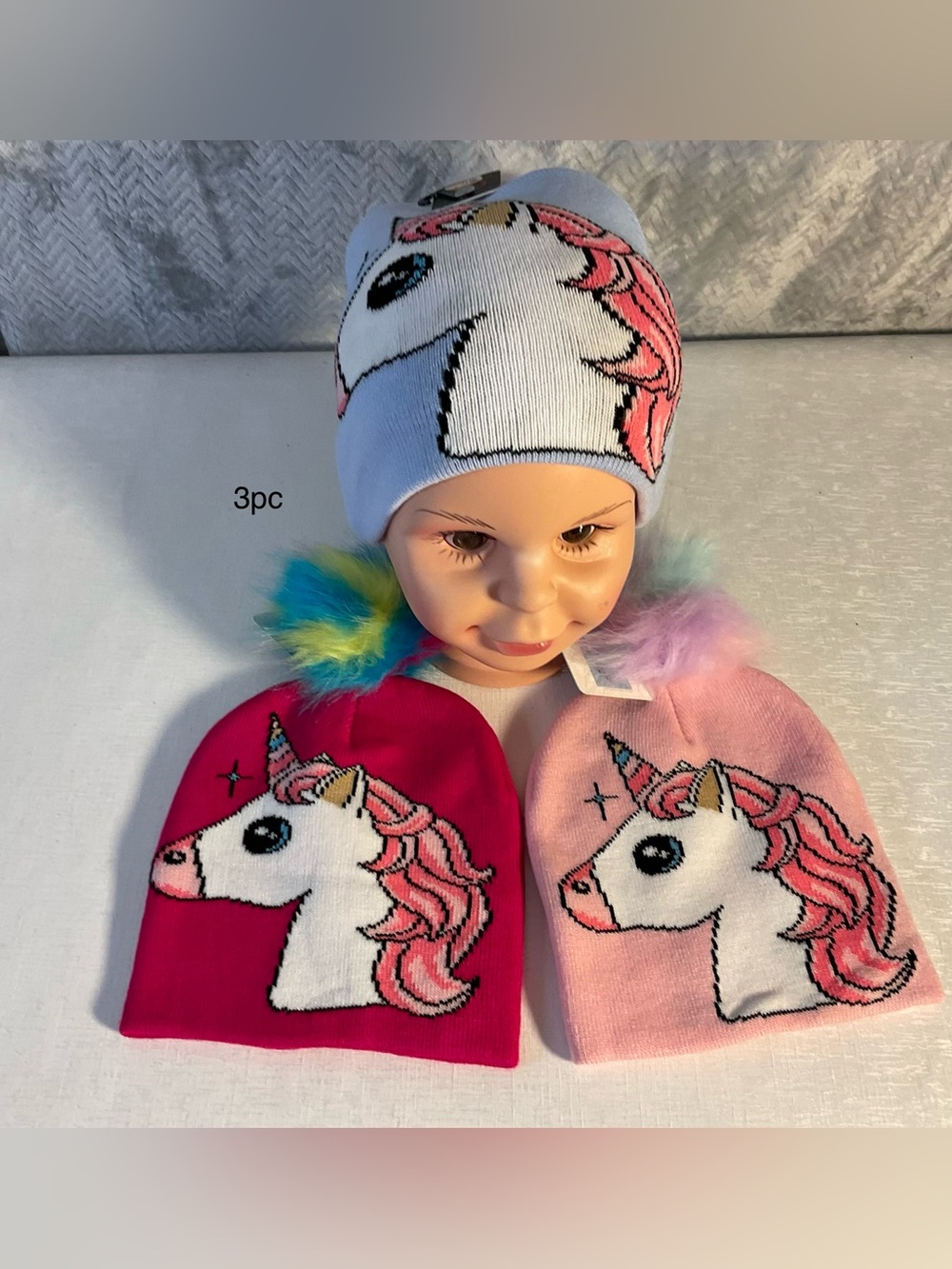 Unbranded Girls' Unicorn Knit Beanie Hat - Pink, Light Blue, Hot Pink - 3pc Set